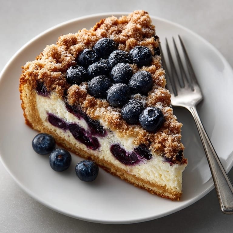 Enjoy a slice of moist blueberry streusel coffee cake, a delightful brunch treat with coffee.