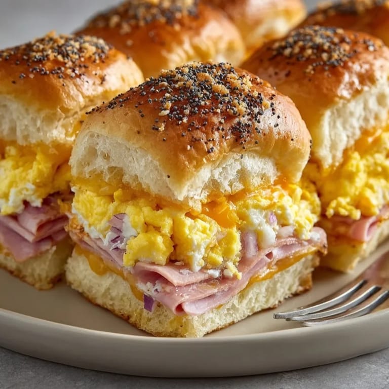 Savory ham and cheese breakfast sliders, perfectly baked and ready to share at brunch.