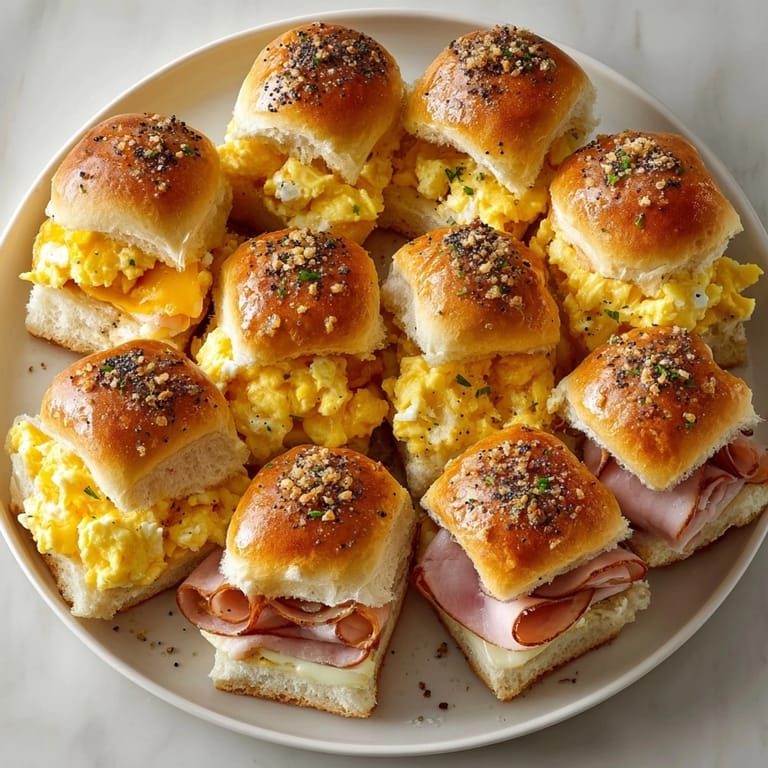 Close-up of warm, delicious ham and cheese breakfast sliders served with golden-brown tops.