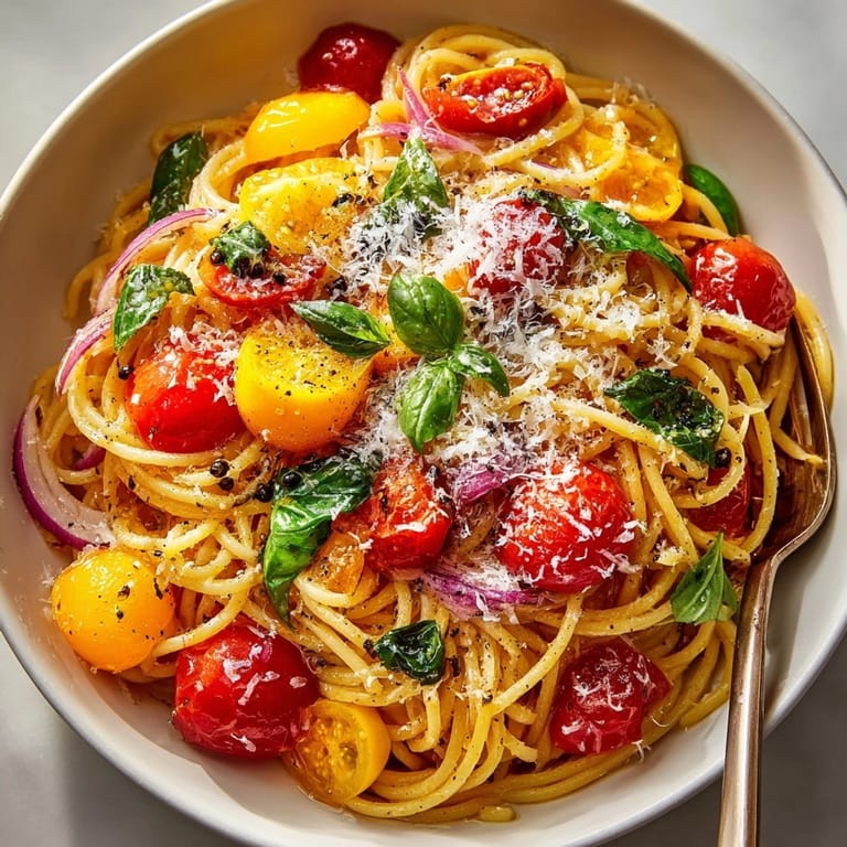 This Heirloom Tomato Pasta with Aged Balsamic Pearls features tender pasta coated in a glossy tomato sauce.