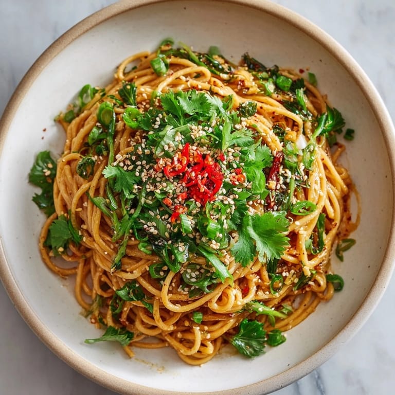 Freshly cooked Spicy Ginger Scallion Noodles, with vibrant scallions, featuring the delightful sizzle of Szechuan peppercorns.