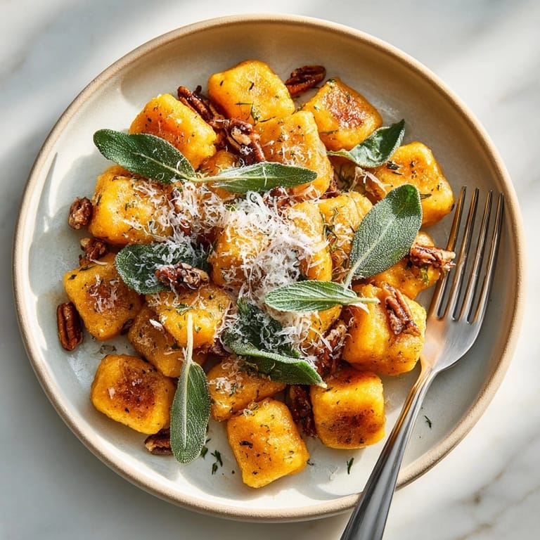 Savory Italian-American Sweet Potato Gnocchi beautifully plated, sprinkled with candied pecans for a sweet crunch.