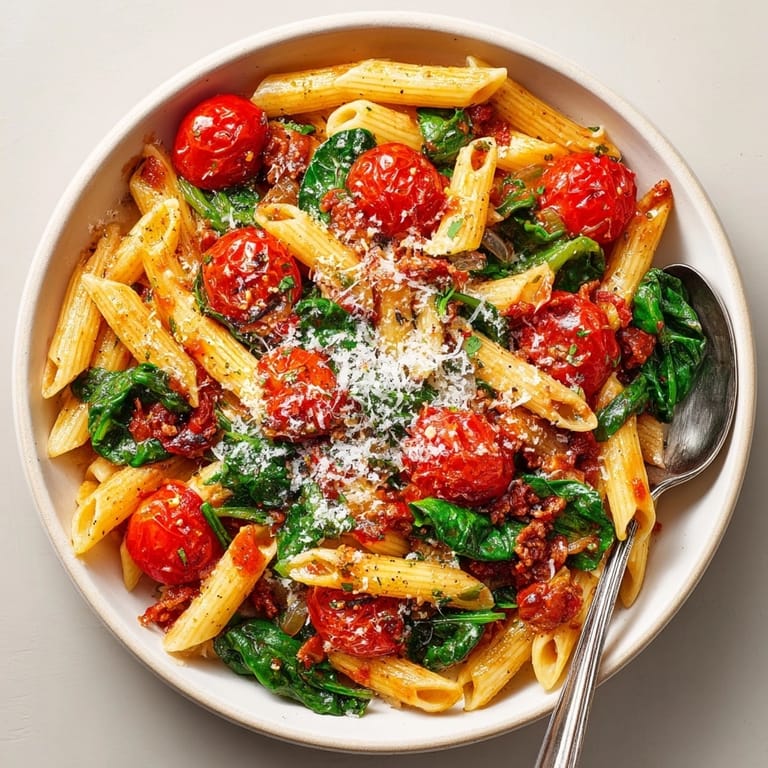 Beautifully plated Pressure Cooker Pasta, with fresh tomatoes and spinach; a simple Italian-American recipe.