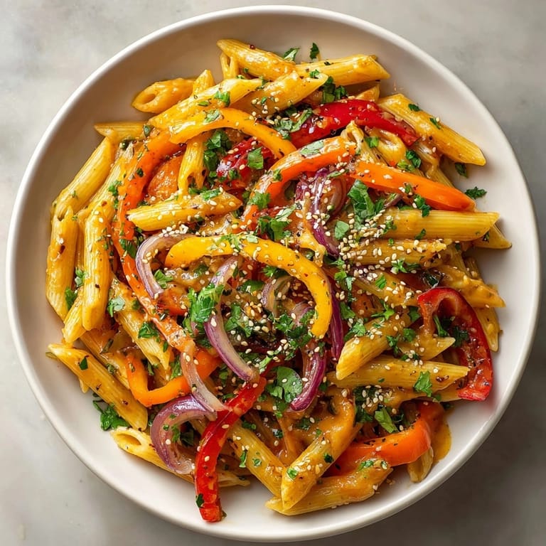 Golden penne pasta coated in a sweet and sour glaze with bits of colorful vegetables; a delectable fusion.
