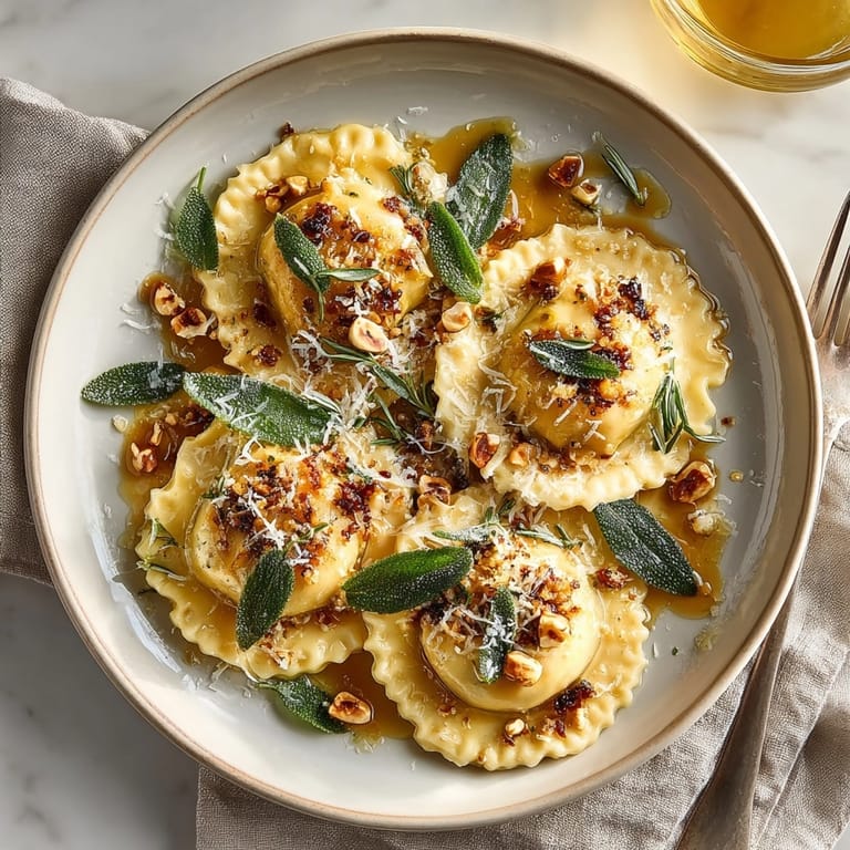 Homemade Acorn Squash Ravioli, with sage garnish, presenting a delightful and colorful Italian cuisine.