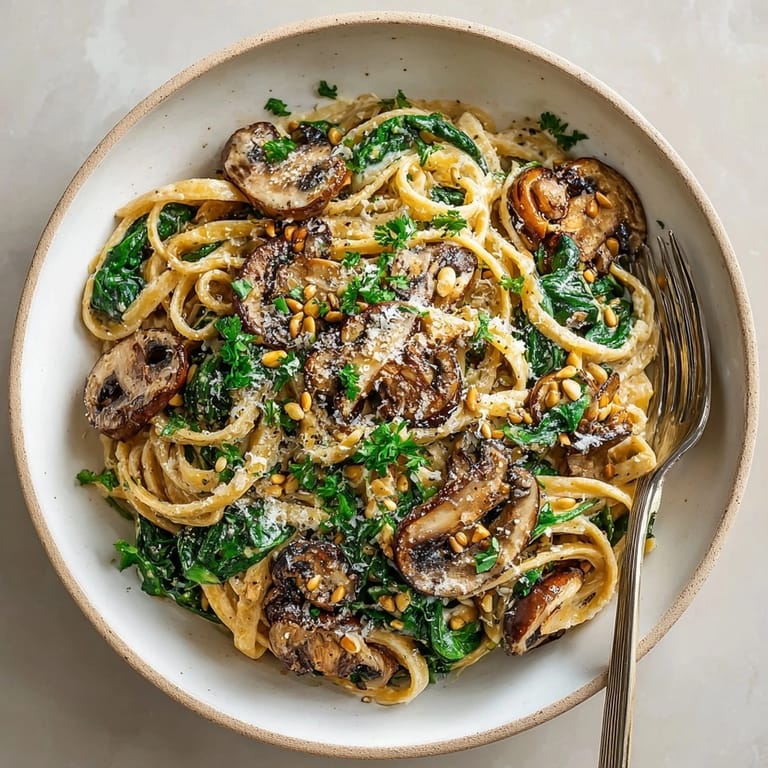Close-up of the savory adaptogenic mushroom pasta, showcasing rich sauce and hearty ingredients.