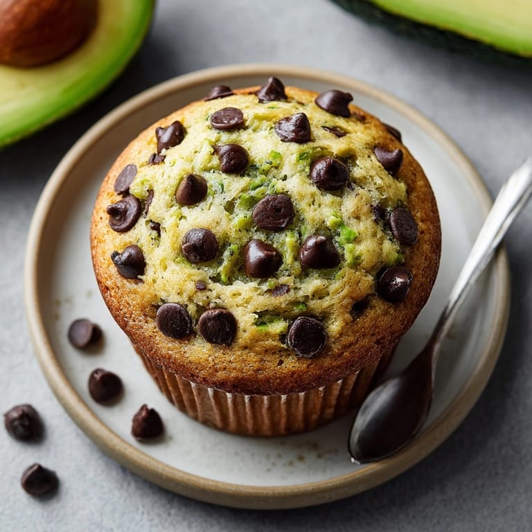 Moist avocado chocolate chip muffins on a plate, showing creamy green flecks and gooey chocolate bits.