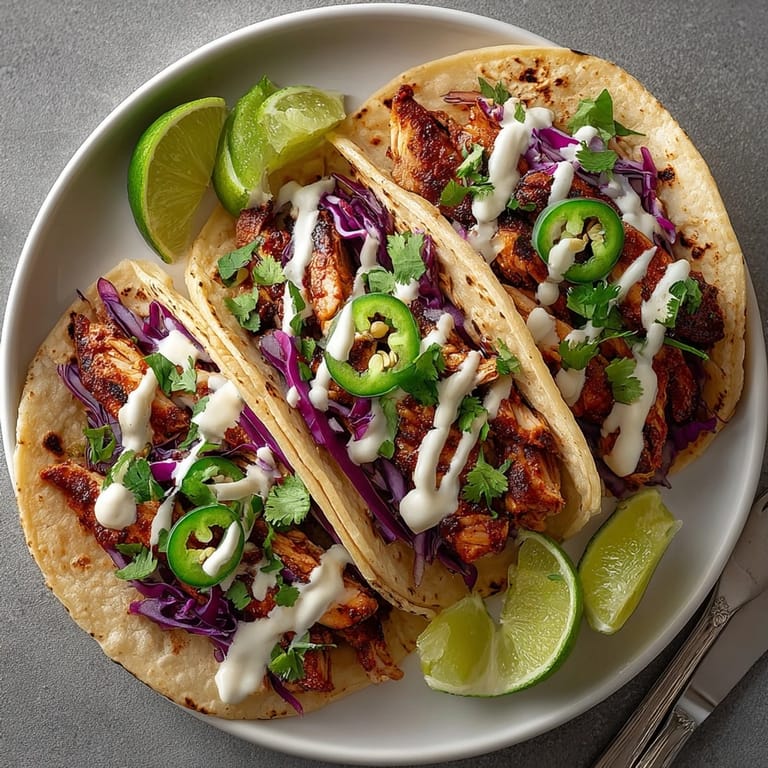 Sizzling Avocado Lime Crema Chicken Tacos garnished with cilantro and lime, ready for a summer meal.