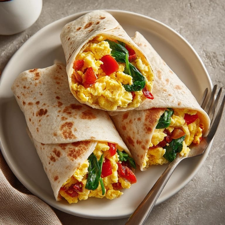 Vegetarian breakfast wrap with scrambled eggs and cheese, sliced open to reveal melty filling.