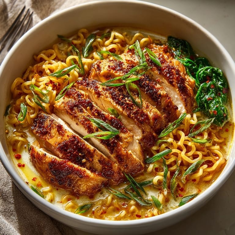 Close-up of Fiery Chicken Ramen with Creamy Garlic Sauce, tender chicken slices and glossy noodles.