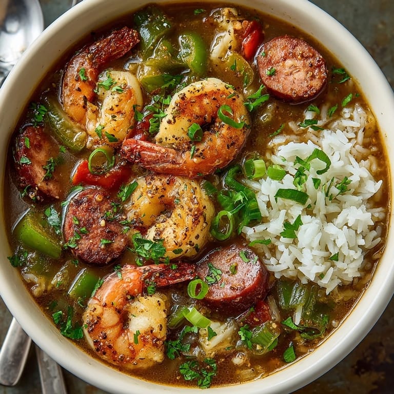 Hearty bowl of Louisiana Seafood Gumbo served over white rice, garnished with fresh parsley and green onions.