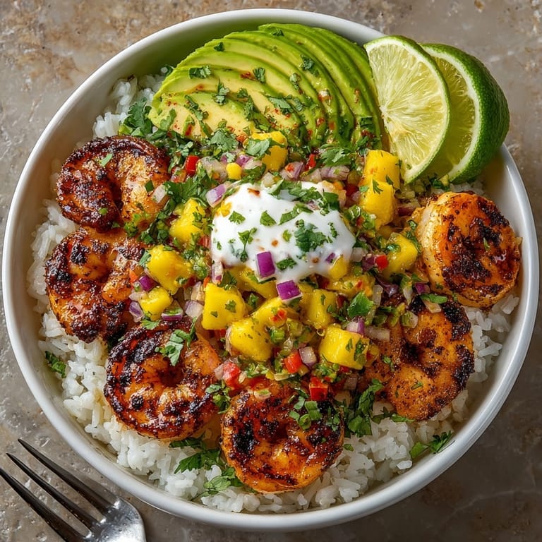 Shrimp and Avocado Bowls with Mango Salsa & Lime-Chili Sauce served over a bed of fluffy rice.