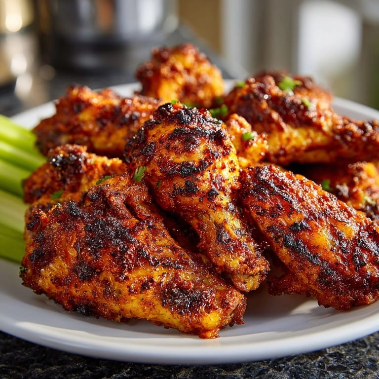 Close-up of crispy air fryer chicken wings, glistening with optional hot sauce coating.