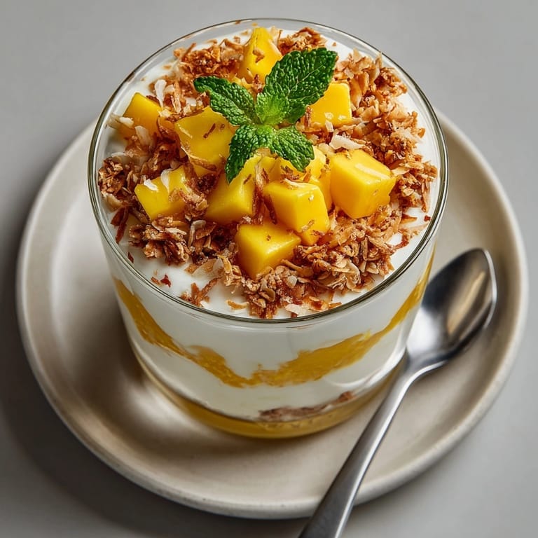 Fresh mango coconut yogurt parfaits topped with toasted coconut flakes and mint, ready for breakfast.
