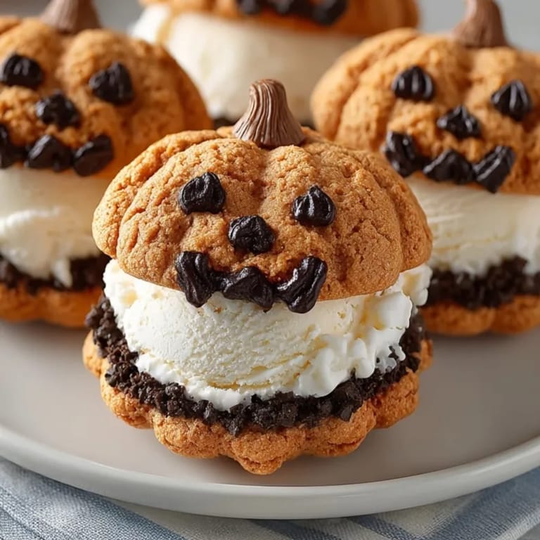 Homemade Mini Jack-o'-Lantern Ice Cream Sandwiches with vanilla filling, a festive fall dessert.
