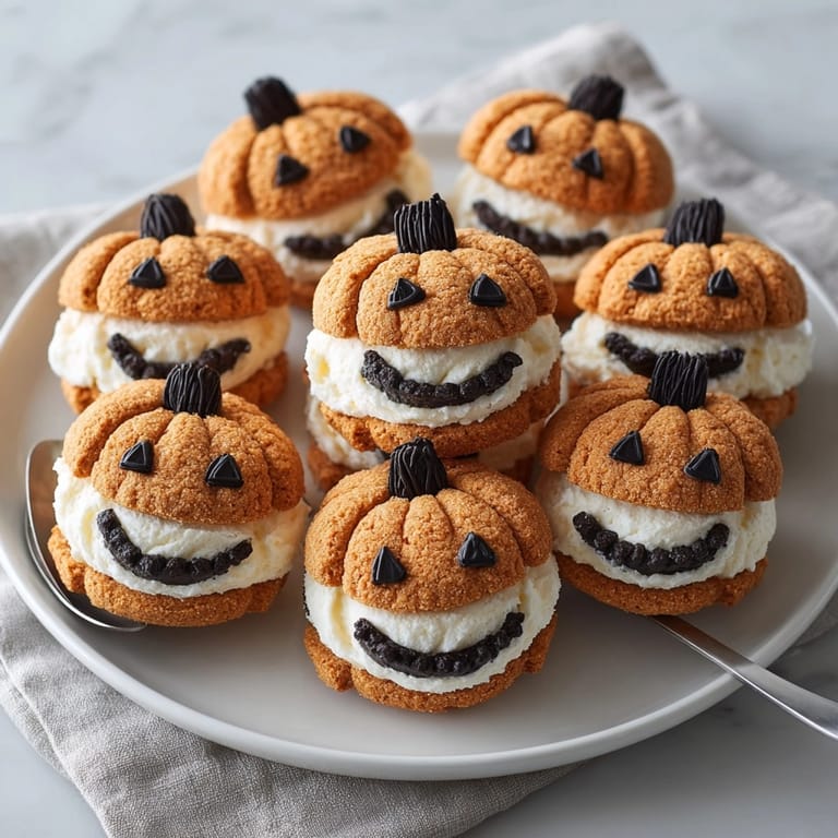 Bite-sized Mini Jack-o'-Lantern Ice Cream Sandwiches: pumpkin cookies and creamy ice cream delight.