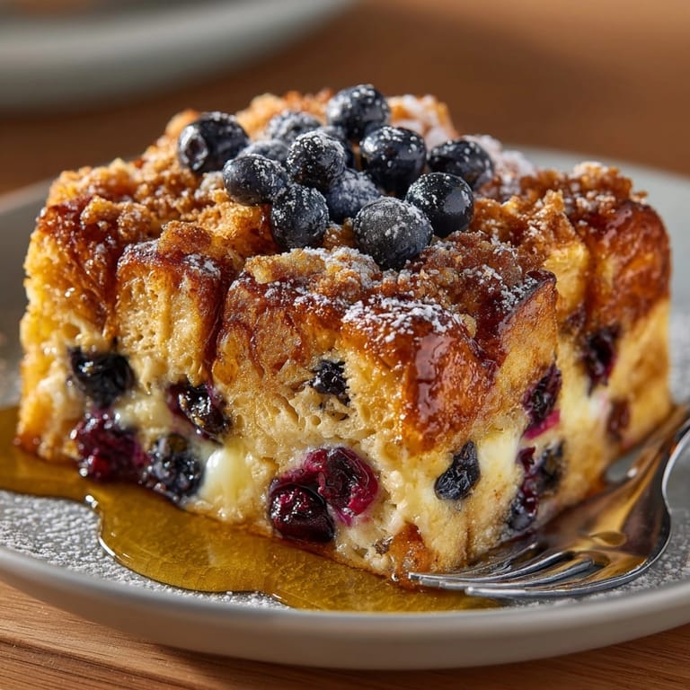 Close-up of a slice of Blueberry French Toast Bake with powdered sugar drizzle.
