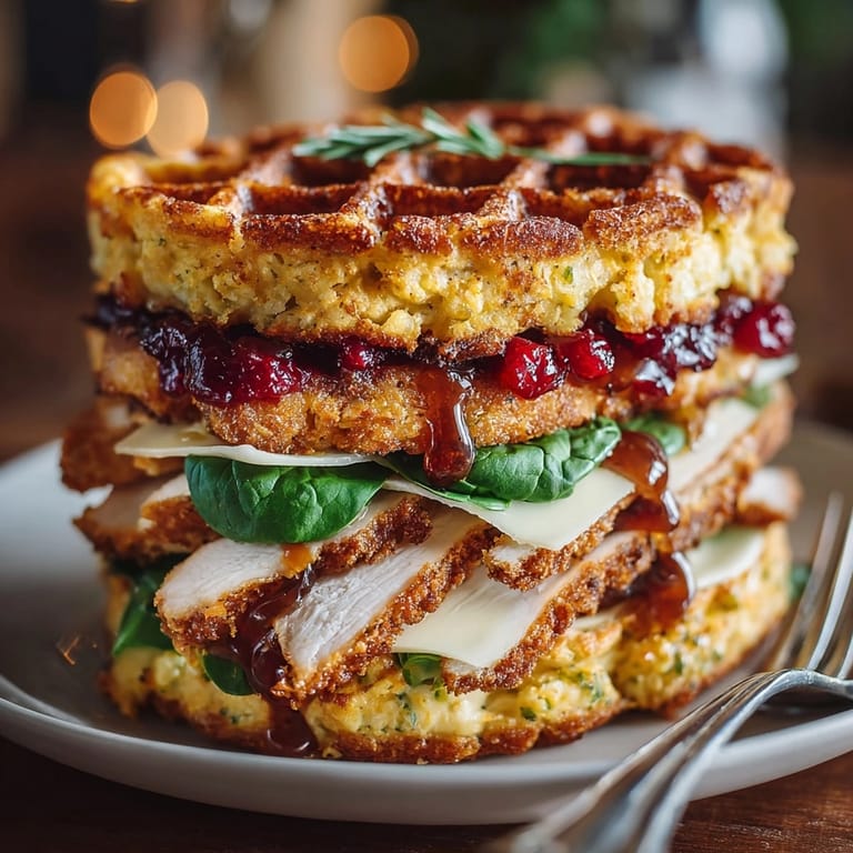 Warm Thanksgiving Leftovers Waffle Sandwiches, delightful combinations of the holiday meal in stackable bites.