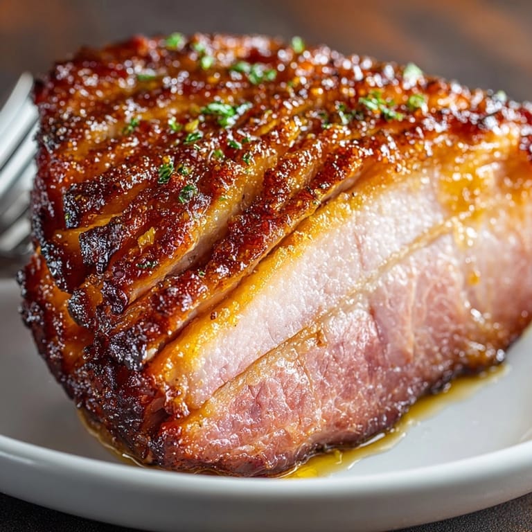 Close-up of sliced Copycat Honey-Baked Ham, showcasing the glistening glaze and tender, juicy meat.