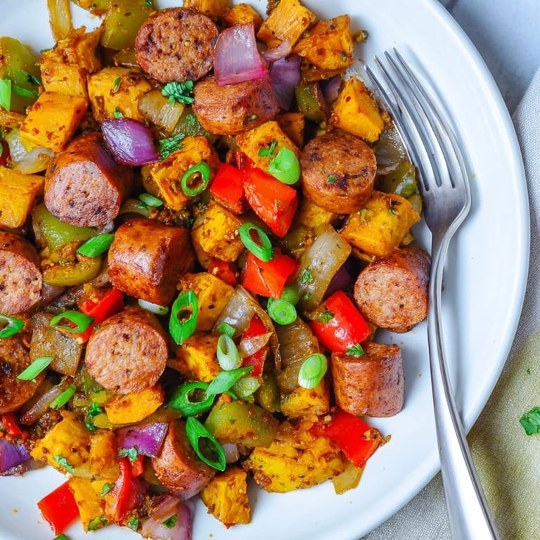 Close-up of savory Cajun Sausage Sweet Potato Hash, aromatic with paprika and Cajun spices in a pan.