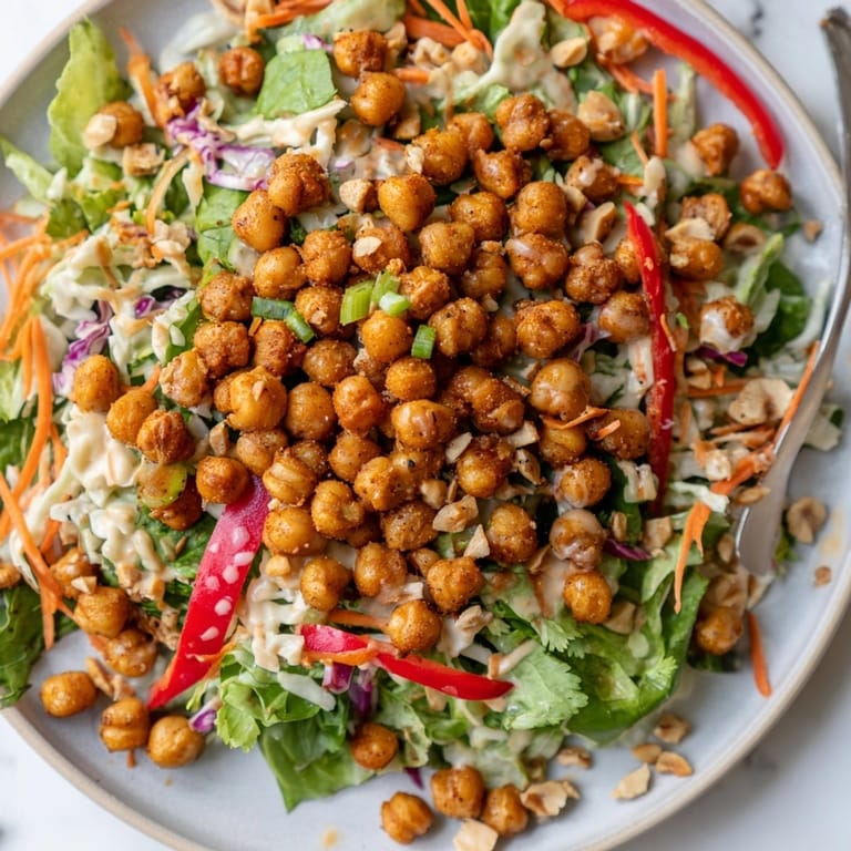Golden brown roasted chickpeas in a bowl of colorful Thai Peanut Salad.