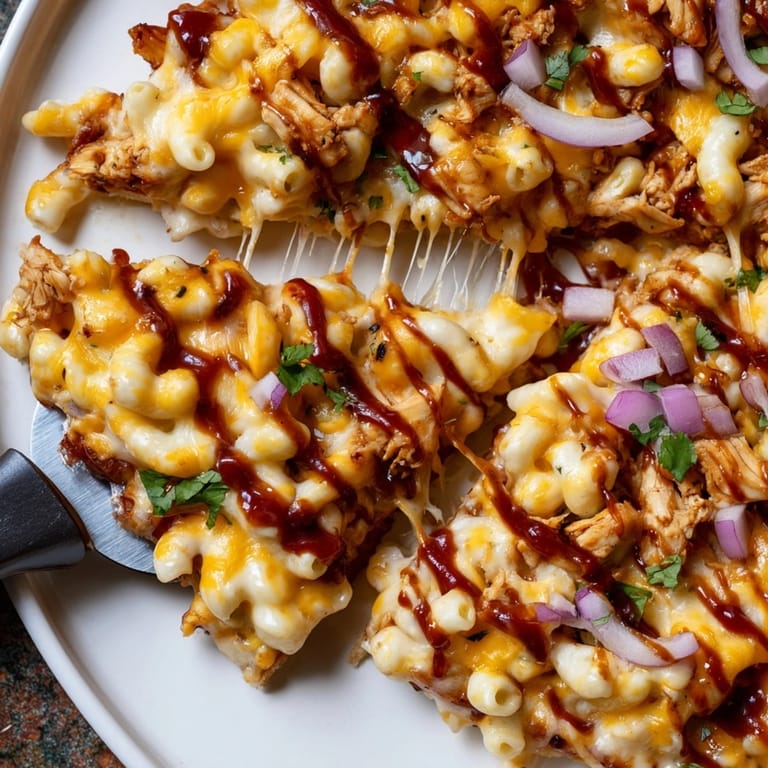 Golden crisp crust on tempting Mac and Cheese BBQ Chicken Pizza with fresh cilantro.