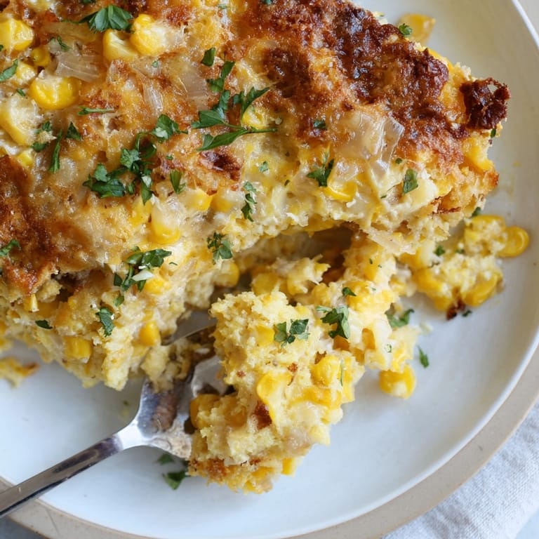 Close-up: Creamy Garlic Parmesan Sweet Corn Bake sizzling, cheesy top, parsley garnish.