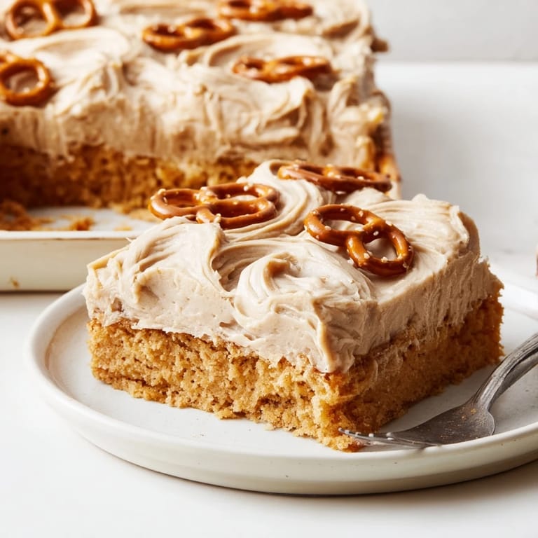 A tantalizing Root Beer Pretzel Cinnamon Sheet Cake garnished with crunchy pretzel bits.  