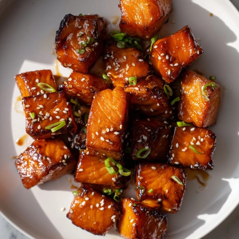 Flavorful honey garlic salmon bites, perfectly caramelized and garnished with sesame seeds.