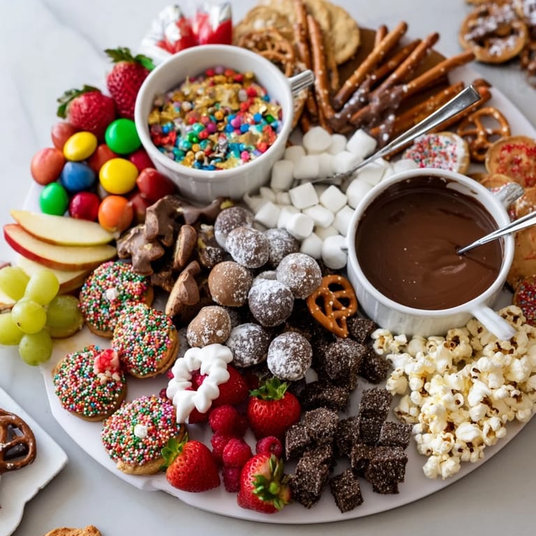 An inviting arrangement of cookies, chocolates, and fruits on a customizable dessert board.