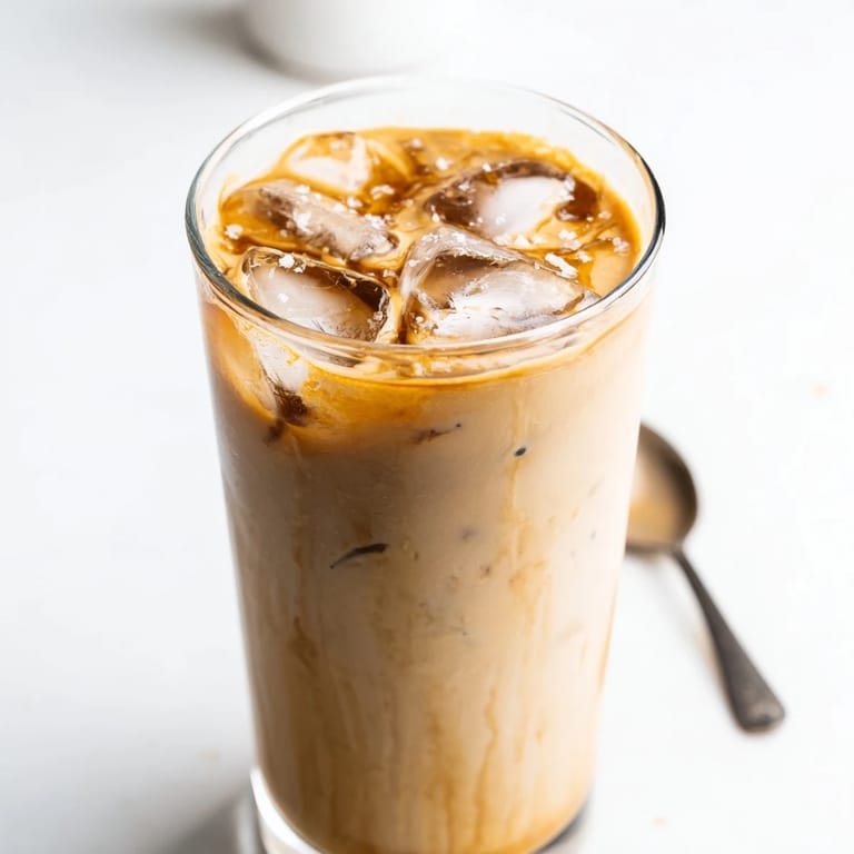 Deliciously nutty tahini iced coffee served chilled over ice for warm days.  