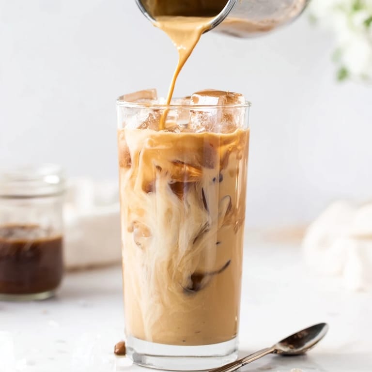 Iced coffee with tahini, sweetness, and a splash of almond milk delightfully swirled.
