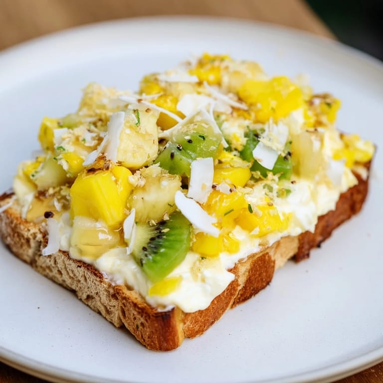 Indulgent yogurt-custard toast drizzled with honey and sprinkled with shredded coconut.
