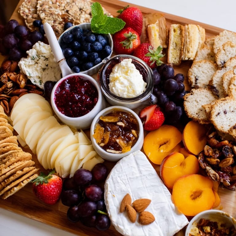 Vibrant jam-infused brunch board, featuring assorted jams and seasonal fruits.
