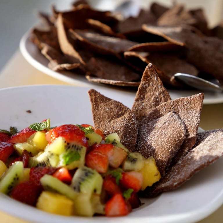 Sweet chocolate chips and vibrant fruit salsa create a colorful party treat.  