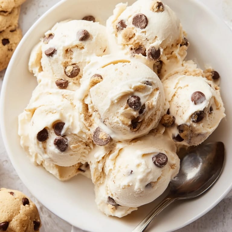 Indulge in this cottage cheese ice cream topped with rich chocolate chip cookie dough.  