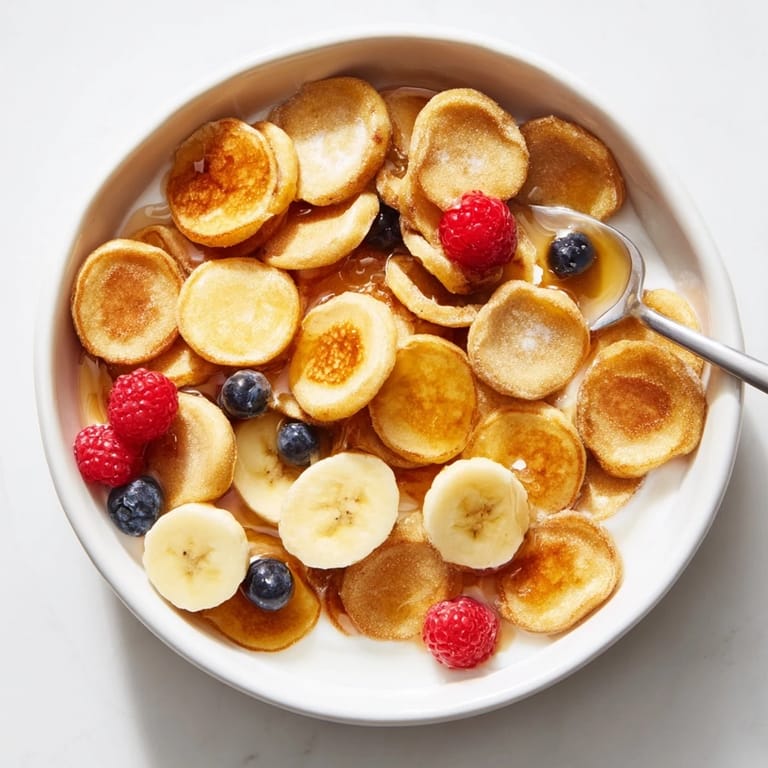 Crispy golden mini pancakes served like cereal, drizzled with maple syrup.  
