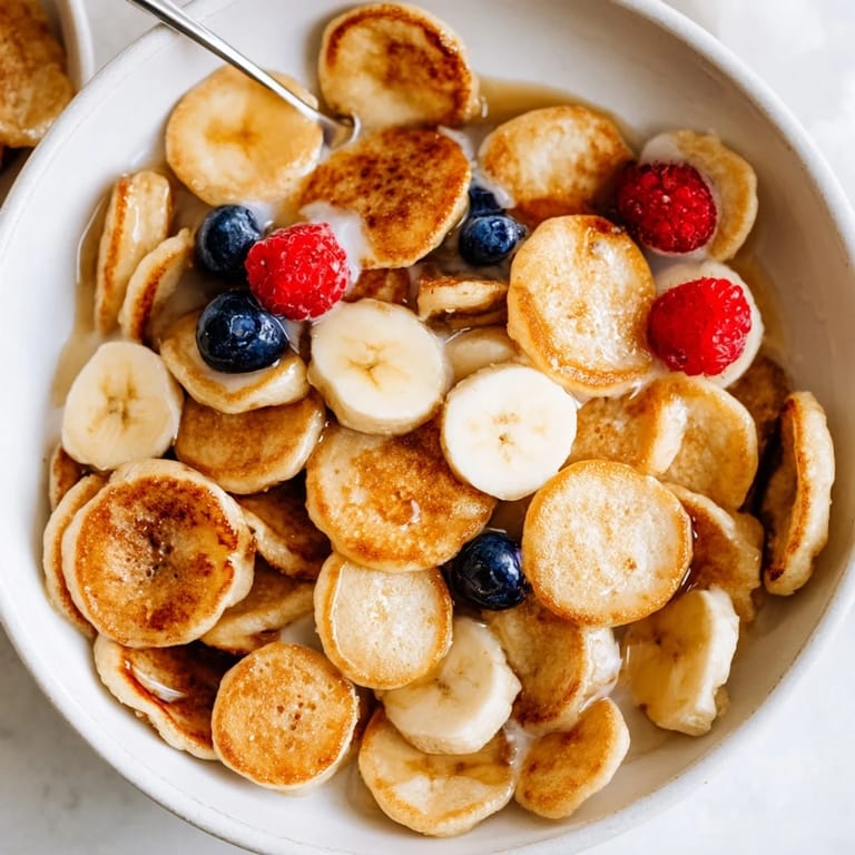 Delicious mini pancake cereal topped with sliced bananas and a drizzle of honey.