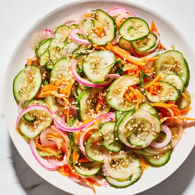 Crisp cucumber salad remix with colorful veggies and aromatic sesame oil garnished beautifully.