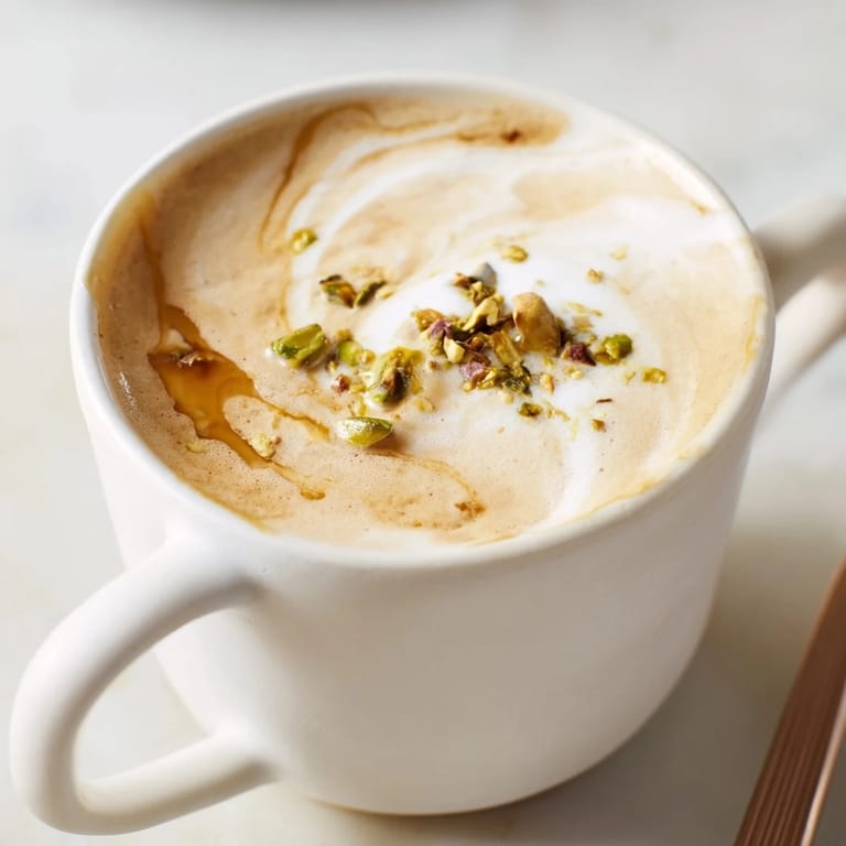 Delicious homemade pistachio milk latte, garnished with crunchy pistachio pieces.