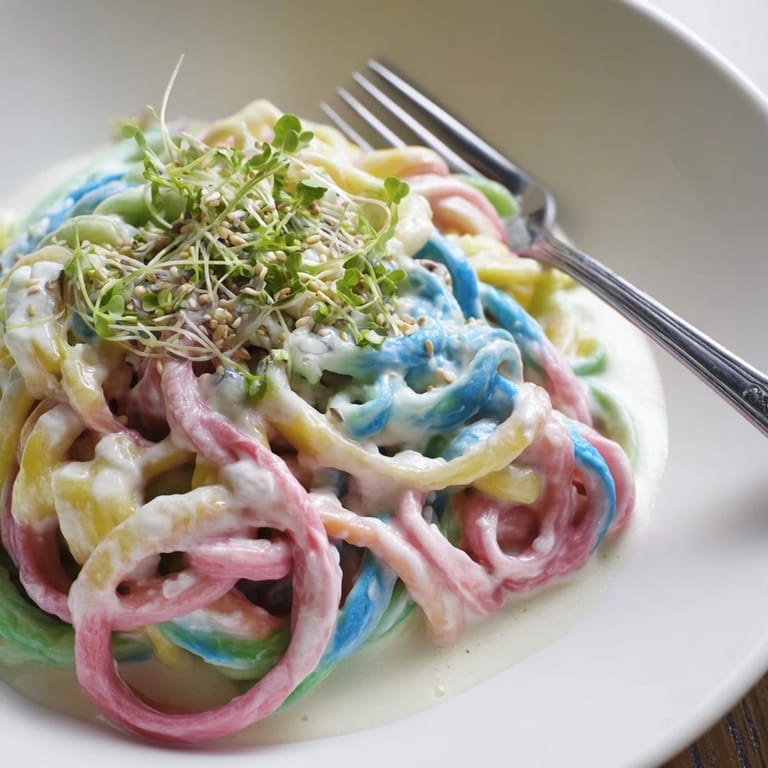 Whimsical Neon Noodle Cloud in creamy sauce, perfect for festive gatherings.  