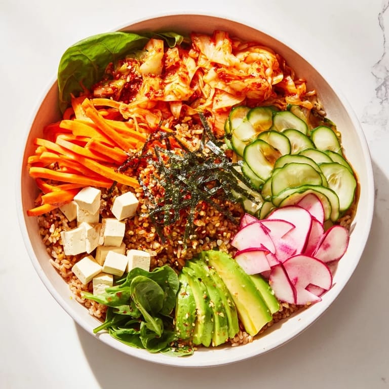 Wholesome fermented vegetable bowl filled with delicious kimchi, avocado, and grains.