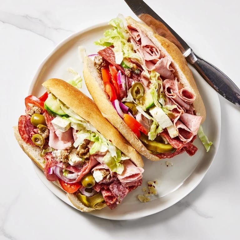 Vibrant flavor mash-up sandwiches featuring layers of Italian meats and crunchy vegetables.  