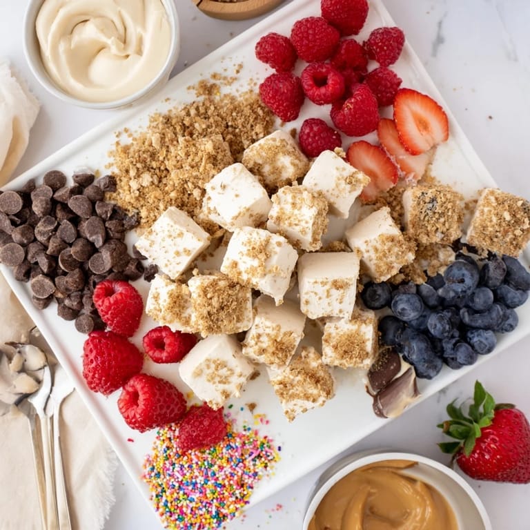 Interactive cheesecake bites dessert board, perfect for sharing and customizing sweet treats.