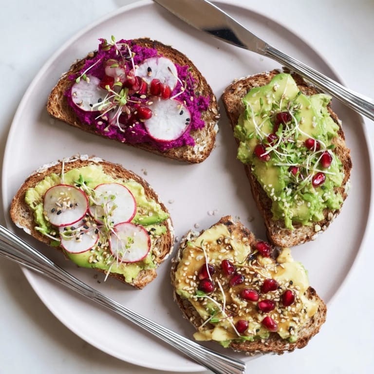 Delicious Bright & Bold Breakfast Toasts adorned with radishes, pomegranate, and herbs for freshness.