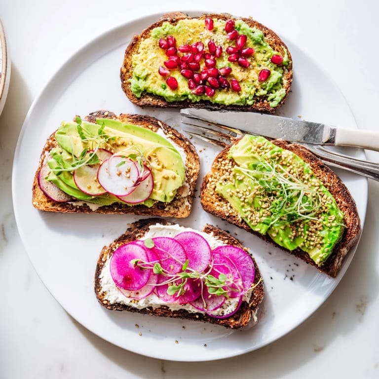 Colorful breakfast toasts featuring creamy ube spread and ripe avocado, perfect for mornings.  