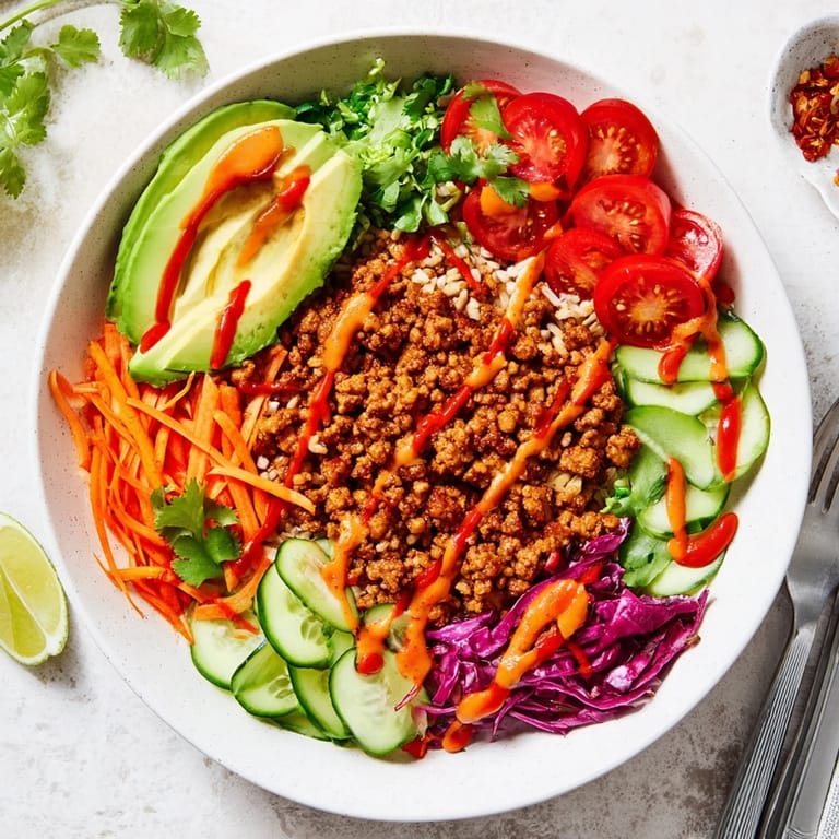 Delicious plant-based meat bowl topped with avocado, veggies, and spicy mayo sauce.  