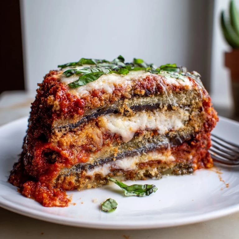 Hearty Eggplant Parmesan Lasagna with gooey mozzarella, fresh basil, and a crispy topping.