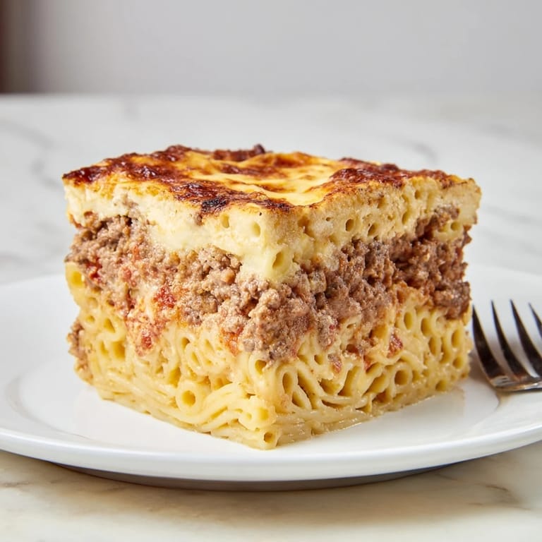 Golden baked Greek Pastitsio showcasing tubular pasta and a savory meat sauce.  