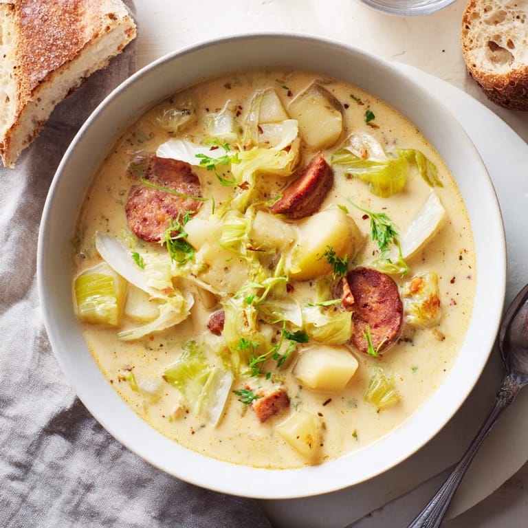Hearty Potato, Leek & Chorizo soup simmering in a flavorful broth.  
